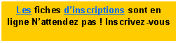 Zone de Texte: Les fiches d�inscriptions sont en ligne N�attendez pas ! Inscrivez-vous 